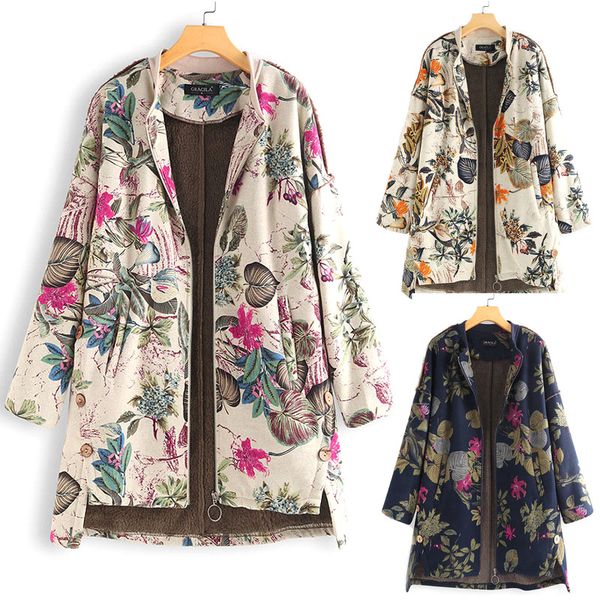 

women winter leaf flower printed plush women comfortable and warm plush long sleeve jacket pockets slim oversize coats plus size, Black;red