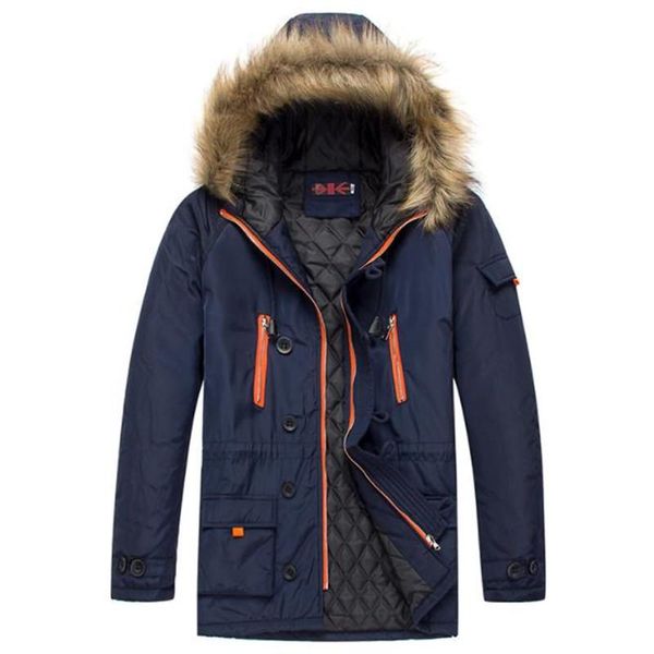 

thick winter mens coats long sleeve fur collar hooded mens middle long outerwear casual couples doudoune with zipper, Black