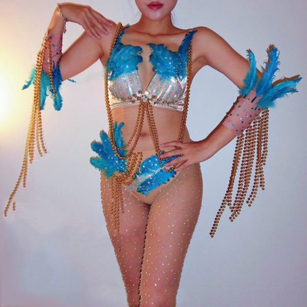 

сексуальная синее перо цепи горный хрусталь бикини костюм женский певец ночной клуб бар dj ds party costume фестиваль карнавальный костюм dw, Black;red