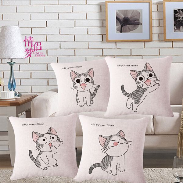 

concise cartoon lovely rise cat cotton hemp linen art sofa pillow case to work in an office back cushion no contain core