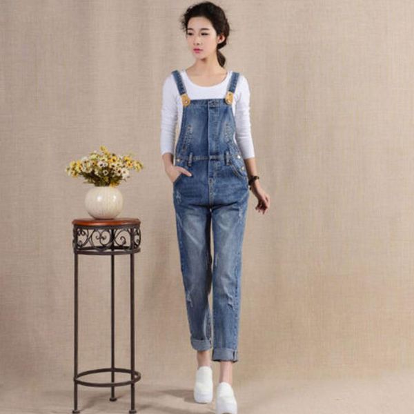 

denim overalls spring and autumn 2018 new loose korean version of the retro jumpsuit sling nine points straight pants size 25-32, Blue