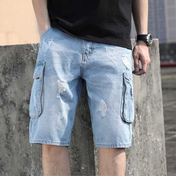 

men's jeans summer men light blue shorts holes denim loose csual size 28-42