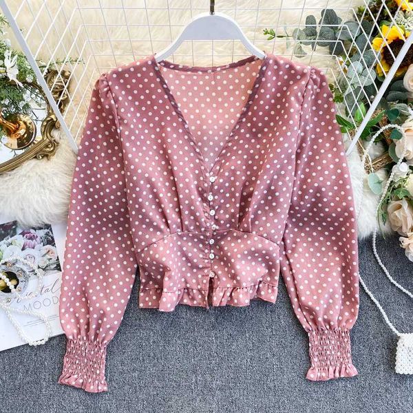 

women shirts long puff sleeve v-neck ploka dot print slim shirt ruffles high waist chiffon short blouse office lady 2020 fashion, White