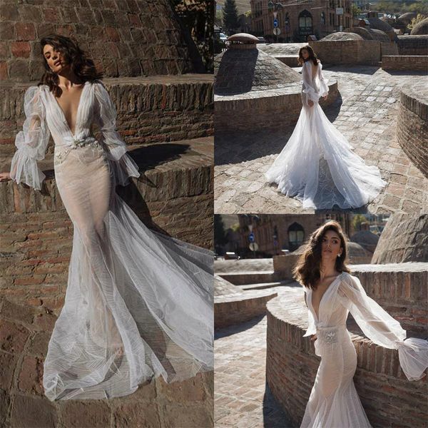 

2020 mermaid wedding dresses v neck backless lace applique illution long sleeves wedding dress custom made vestidos de novia, White