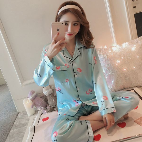 

2019 spring autumn silk satin pajama set for women long sleeve pyjama cute gril print sleepwear loungewear homewear pijama mujer, Blue;gray