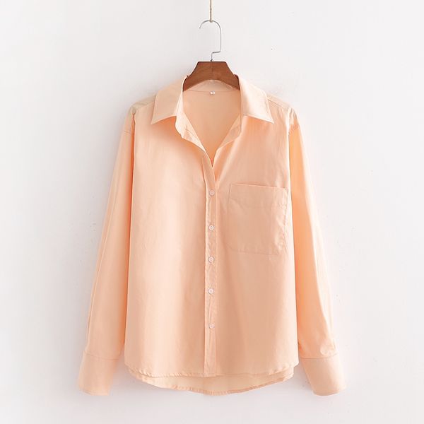 

casual loose spring solid color blouse women long sleeve turn down collar pocket shirt female cotton, White