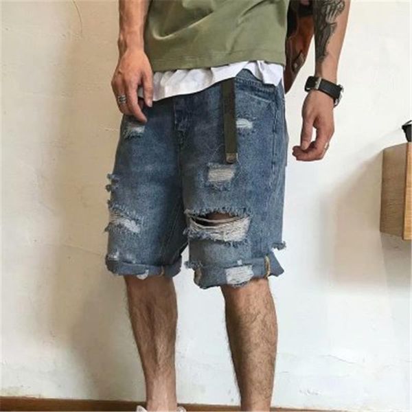 Furo homem denim shorts patch quente vender moda verão fino casual solto lavagem elástica rasgada jeans masculino roupas homens buraco denim vestuário