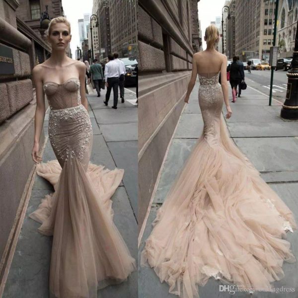 

inbal dror 2019 старинные роскошные русалка свадебные платья sexy backless милая иллюзия свадебные платья развертки поезд кружева свадебные, White