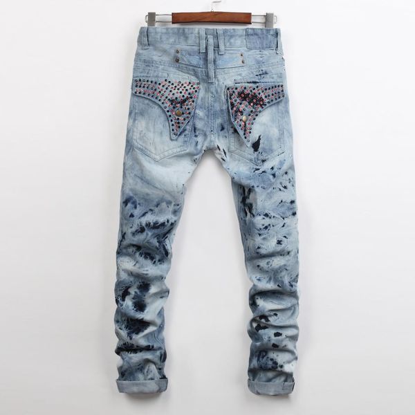 

slim fit jeans men 2019 new arrival moto& biker fashion jeans for men skinny beading full length pencil pants snowflake, Blue