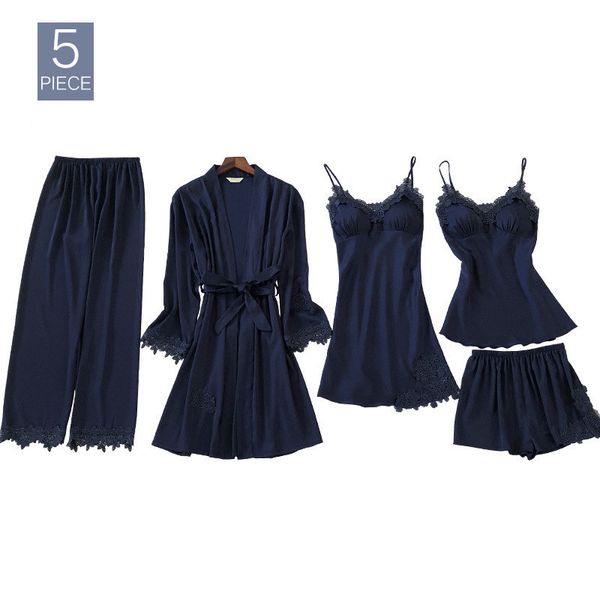 

2019 женские пижамы 5 шт. атласная пижама устанавливает пижаму шелк домашняя одежда вышивка пижама для сна кружевная пижама с подушечками на, Black;red