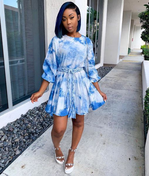 

tie dye womens designer dresses long sleeve summer o-neck pleated dress casual loose sweet women clothing, Black;gray