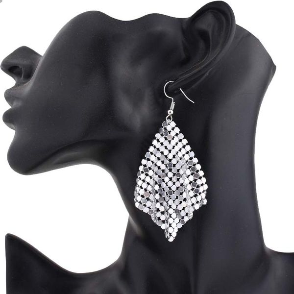 

fashion sequin drop earrings geometric tassel shiny dangle earring long shine square mesh hook statement earrings women party jewelry, Silver