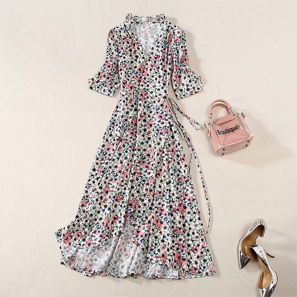 

2020 summer new style french retro platycodon v-neck floral medium length beach skirt polka dot dress, White;black