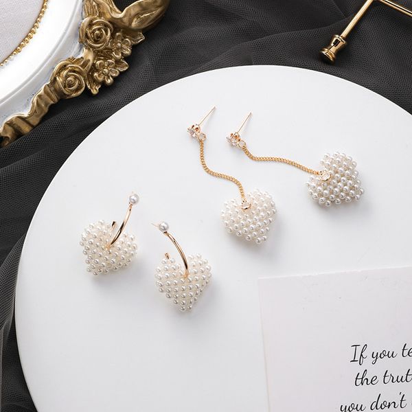 

korea fashion women earring silver pin simple heart imitation pearl long short manual drop earrings for girl jewelry accessories
