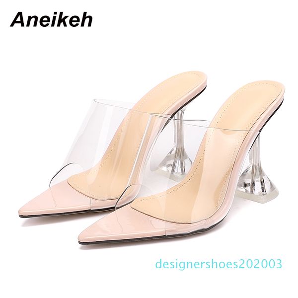 

aneikeh pointed end flip flops shoes woman slippers pvc peep-toe slip-on perspex heel stilettos high heels lady fashion pumpsd03, Black