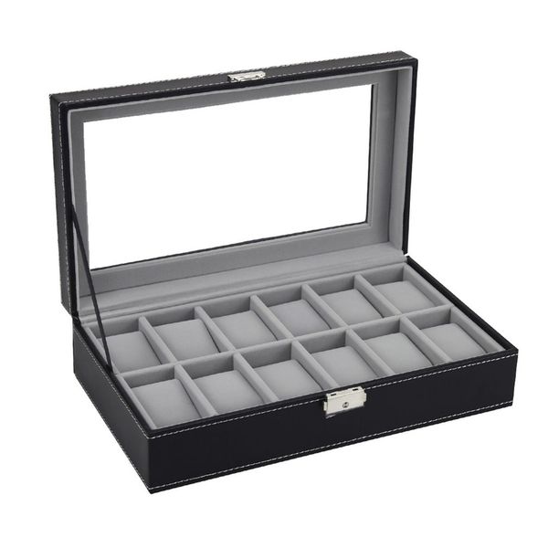 

outad 6/10/12 slots watch box rings storage organizer jewelry display watch case pu leather casket saat kutusu, Black;blue