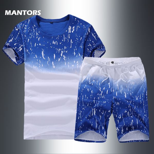 

summer men's print tracksuit casual short sets men cotton sports suit t-shirt+shorts 2 piece sets brand sportswear slim outfits, Gray