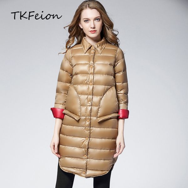 

women autumn winter jacket coat warm duck down fashion ladies midi long overcoat light ultra-thin style female loose casual coat, Black;brown
