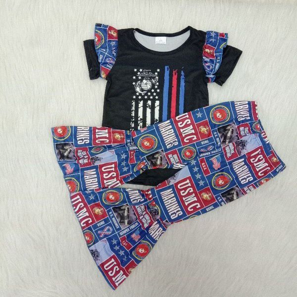 Conjuntos de roupas de bebê U.S. Marines Camisa de Manga Curta Camisa Bell Bottoms Calças Moda Meninas Crianças RTS Leite Tecido De Seda Roupas roupas
