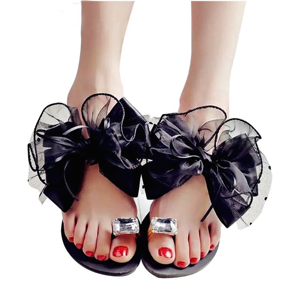 

summer bowtie flower flat women sandals casual fashion female beach flip flops women mesh sandals shoes large size 42, Black