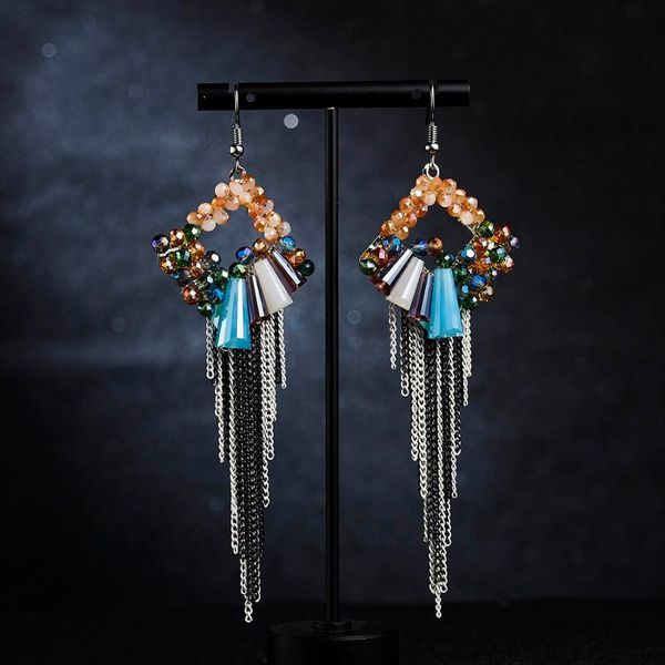 

shiny crystal earrings charming geometric square handmade woven colorful crystal dangle earrings chain tassel jewelry, Silver