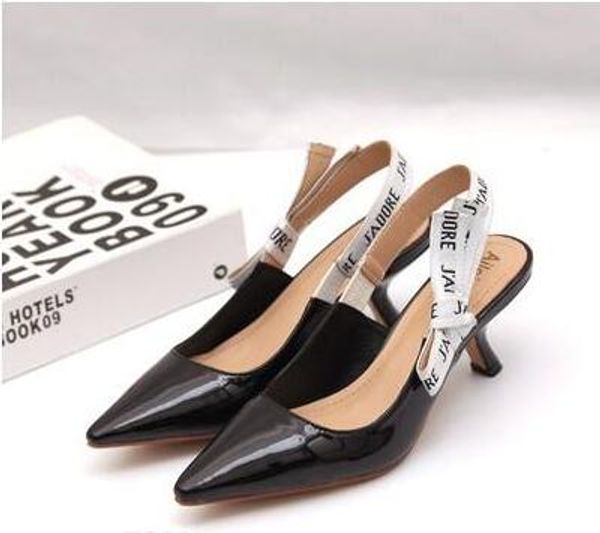 

2019 letter bow knot high heel shoes women runway pointed toe low heel shoes woman gladiaor sandals lady brand design mesh flat shoes, Black
