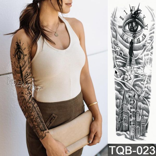 

new 1 piece temporary tattoo sticker clock eye city pattern full flower tattoo with arm body art big large fake sticker