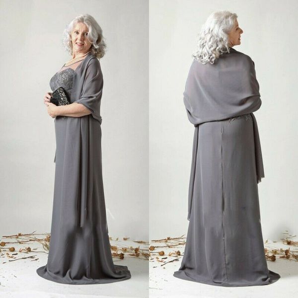 

silver grey mother of the bride dress with shawl long chiffon lace sheer neck cape evening formal prom wedding party gowns 2020, Black;red