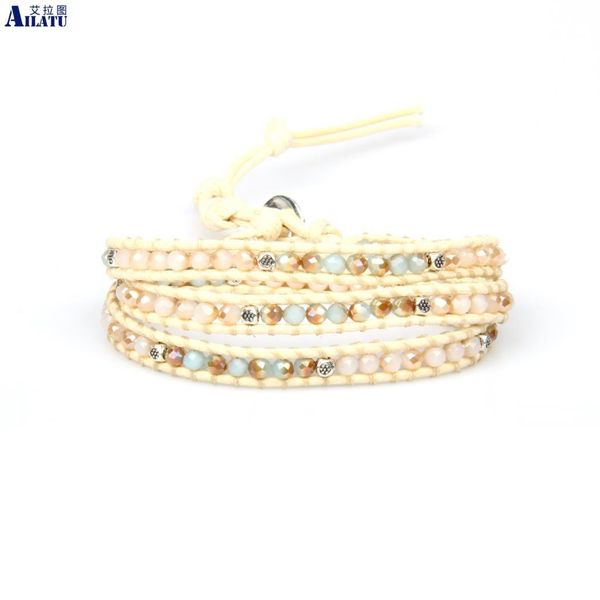 

ailatu bohemia women leather wrap bracelets handmade boho jewelry with multicolor crystal beads, Golden;silver