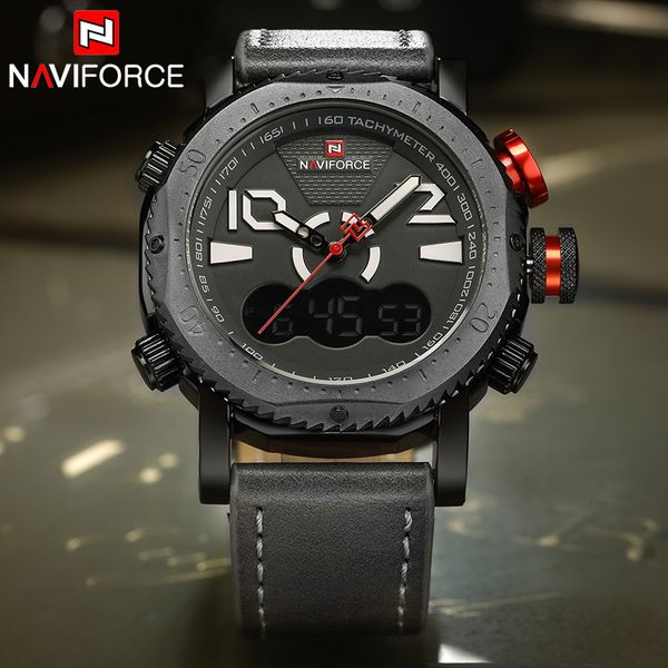 

naviforce brand men watch men leather sport watch dual time quartz analog wrist male relogio masculino, Slivery;brown