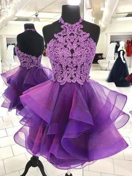 

ball gown ruffles floral lace beaded short homecoming dresses 2020 halter open back tulle layers prom party cocktail pageant dress gowns, Blue;pink