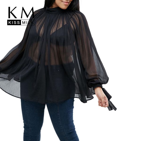 

kissmilk plus size 2018 women black large size lantern sleeve blouse over o-neck three quarter sleeve blouse, White