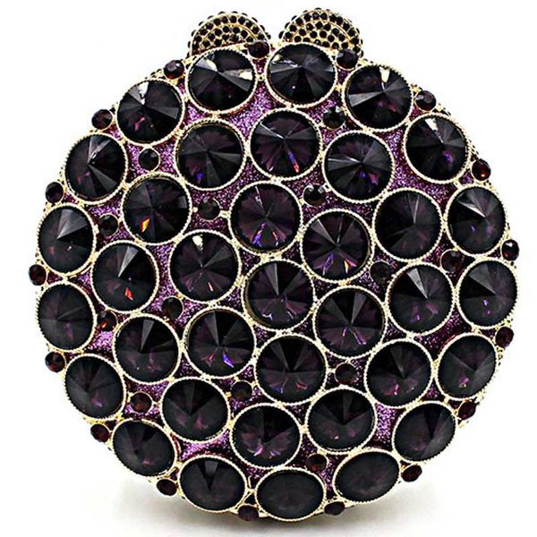 

new arrival big purple rhinestone clutch purse evening bags gold metal circle shape clutches women party purses shoulder handbag
