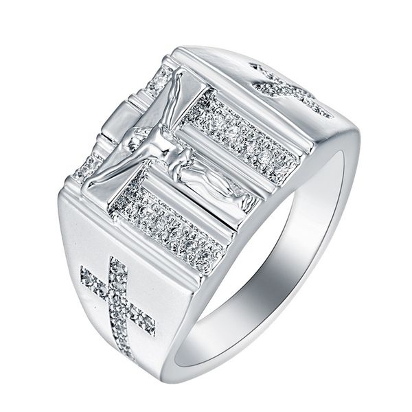 

christian jesus cross zirconia ring for men women gold/silver color faith prayer crucifix band male jewelry large size 6-15, Golden;silver