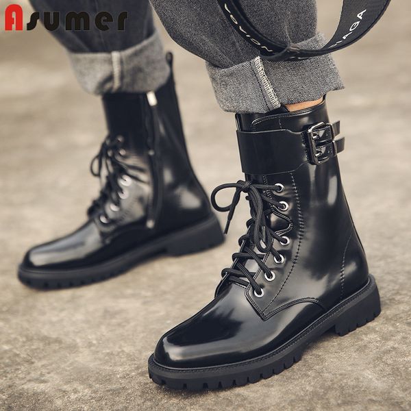 

asumer genuine leather shoes 2020 women ankle boots buckle lace up low heel casual shoes comfortable short boots female, Black