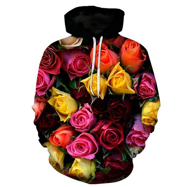 

flowers hoodies men / women 3d print sweatshirts digital printing pink roses floral hooded hoody hip hop hoodie 6xl, Black