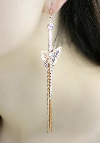 Yeni sıcak Nefis kelebek seti elmas püskül küpe ultra uzun tarzı su matkap kulak hattı moda klasik zarif zerafet
