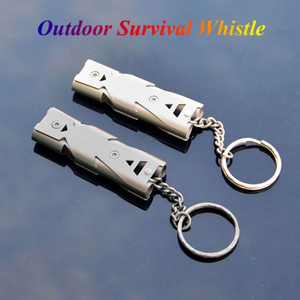 

stainless steel keychain high decibels double tube whistle survival camping outdoor lifesaving whistles emergency alarm whistle keyrings, Silver