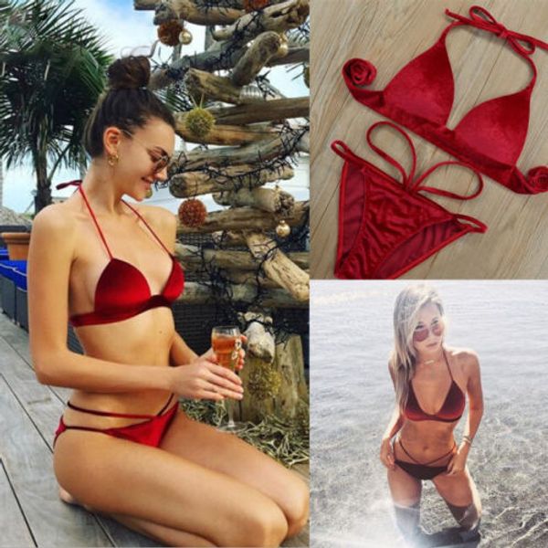 

summer new women bikini set bandage swimsuit velvet red swimwear bandage push-up padded bra bathing suit beach