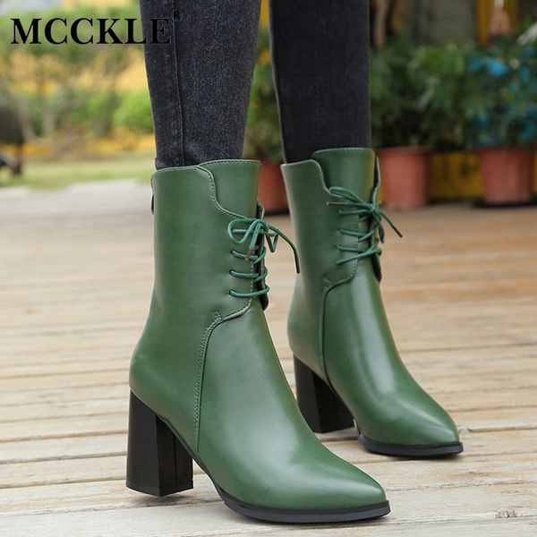 

mcckle women boots block high heels mid calf boots solid warm fur female lace up pointed toe fashion platform winter shoes, Black