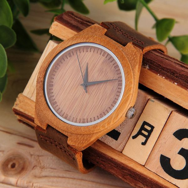 

wooden quartz pu leather watch luxury men's women's bamboo wristwatches simple style lover watchs, Slivery;brown