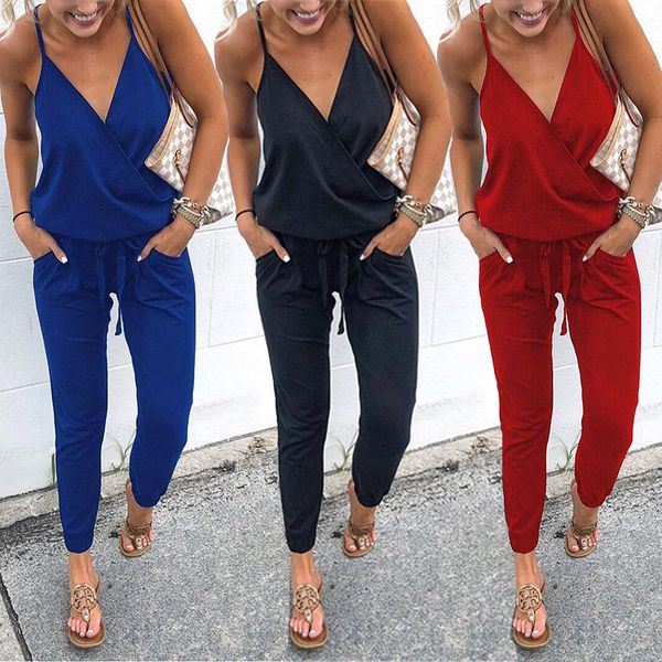 

v neck backless strappy jumpsuit solid color lace tie waist long siamese trousers women clothes fashion drop ship 220057, Black;white