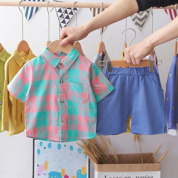 

men's shirt short-sleeved suit 2020 children's casual plaid two-piece set thin men's short-sleeved shirt fashion suit fashion