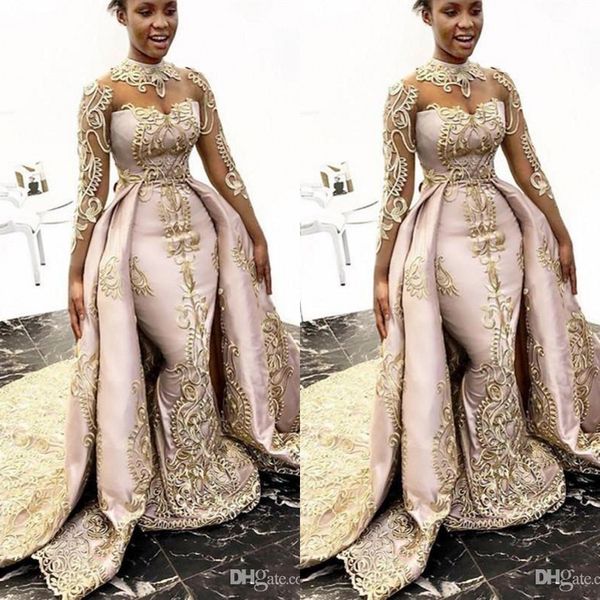 

new luxury overskirts mermaid wedding dresses long sleeves high neck gold lace appliques detachable train plus size formal bridal gowns, White