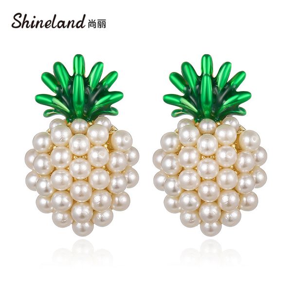 

shineland woman beautiful simulated pearls pineapple stud earrings green metal lovely fashion bohemian jewelry 2019 sale, Golden;silver