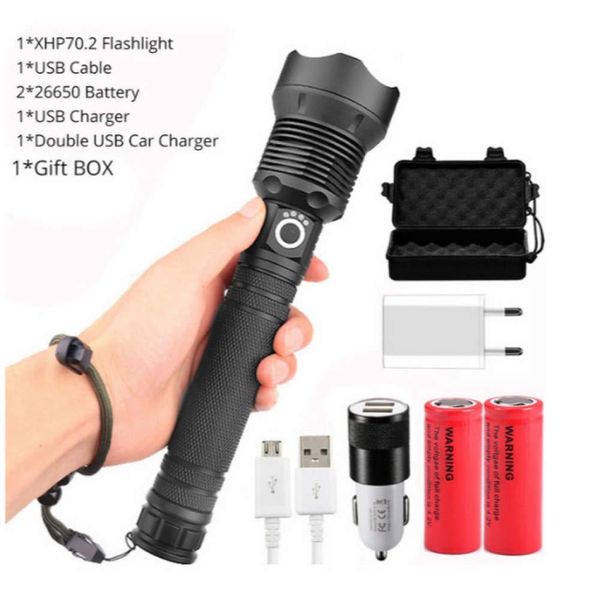

most powerful 120000 lumens xhp70.2 led flashlight usb zoom tactical torch 18650 or 26650 rechargeable battery