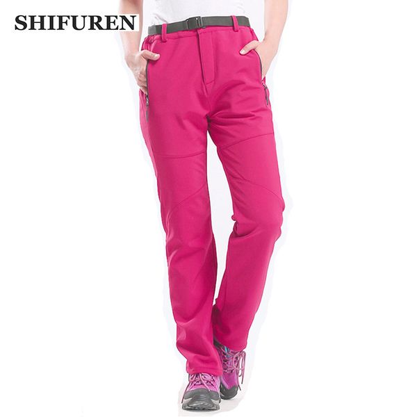 

outdoor pants shifuren women hiking warm winter thicken fleece softshell trousers windproof ski mountaineering, Black;green