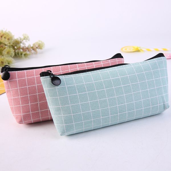 

creative simple pencil bag student solid color check korean stationery bag boys and girls portable zipper pencil bag