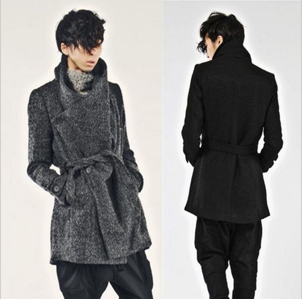 

20179 new men's clothing fashion catwalk loose belt woolen cotton overcoat trench warm coat costumes, Black