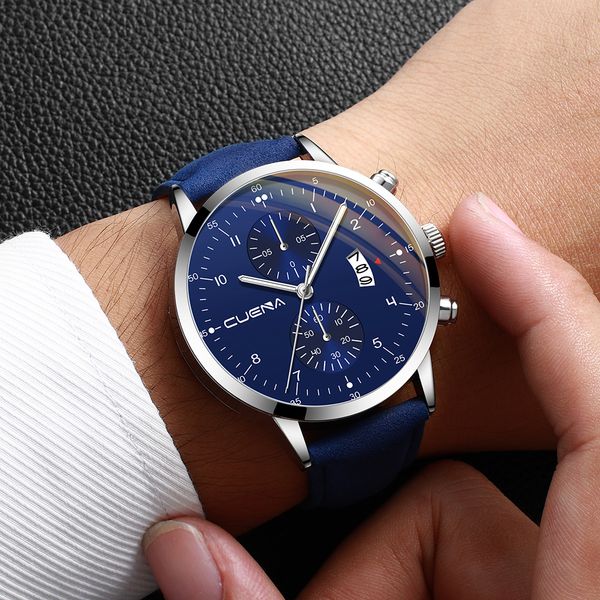 

cuena mens watches leather casual quartz watch men sport waterproof clock blue watch relogio masculino, Slivery;brown